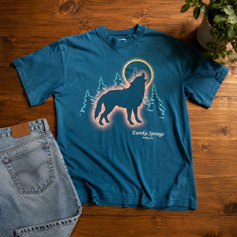 90s Wolf Moon Single Stitch‎ Graphic T Shirt Medium USA Made Nature VTG Grunge